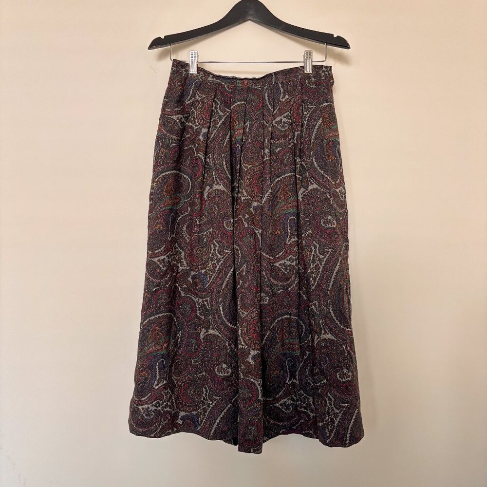 Vintage Paisley Pleated Midi Skirt Made in USA High Waist Boho Academia Skirt